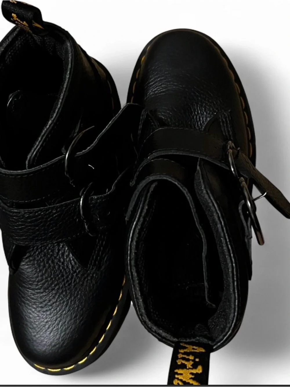 Dr. Martens Black Leather Platform Ankle Boots with Yellow Stitching